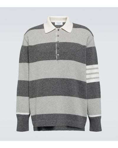 Thom Browne Striped Virgin Wool Polo Sweater - Gray