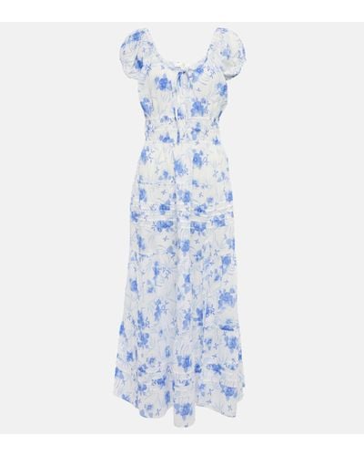 LoveShackFancy Magdaline Pintucked Floral-print Cotton Midi Dress - Blue