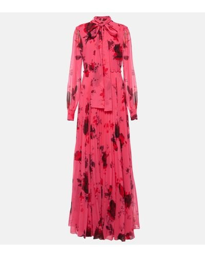 Erdem Floral-print Pleated Voile Gown - Red