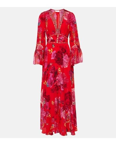 Camilla Vestido largo de seda floral adornado - Rojo