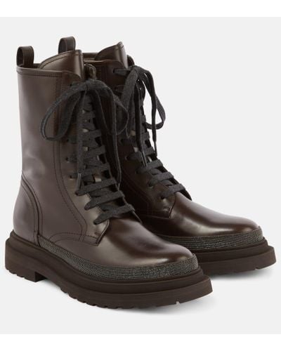 Brunello Cucinelli Monili-embellished Leather Combat Boots - Black
