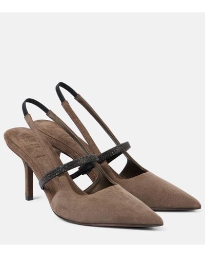 Brunello Cucinelli Embellished Suede Slingback Court Shoes - Brown