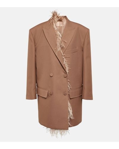 Valentino Feather-trimmed Double-breasted Blazer - Brown