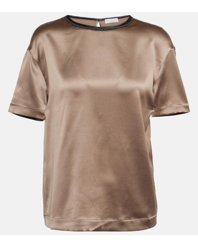 Brunello Cucinelli T-Shirt in raso di misto seta - Marrone