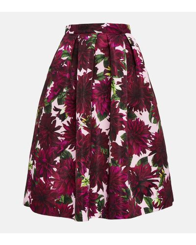 Oscar de la Renta Dahlia Floral Faille Midi Skirt - Purple