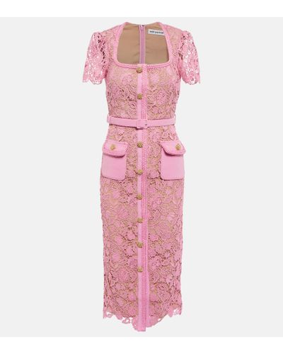 Self-Portrait Midi Lace Sheath Dress With Golden Buttons - Pink