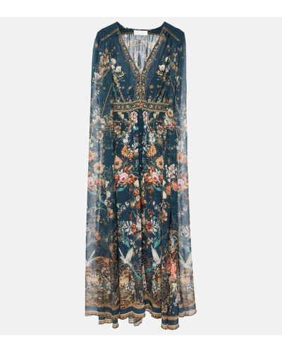 Camilla Crystal-embellished Caped Silk Crepe Gown - Blue
