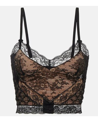 Gucci Top With 'Gg' Motif And Floral Lace Trim Texture - Black