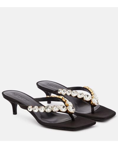 Versace High Summer Embellished Satin Thong Sandals - Black