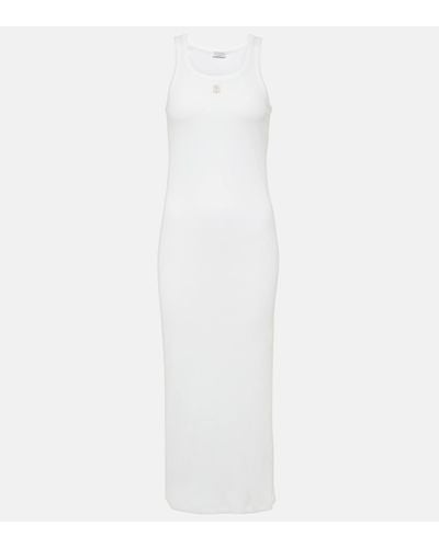 Brunello Cucinelli Logo Embroidered Cotton Midi Dress - White