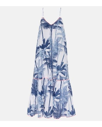 Juliet Dunn Printed Cotton Slip Midi Dress - Blue