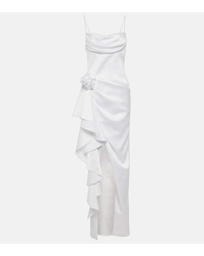 Rasario Vestido de saten con aplique floral - Blanco