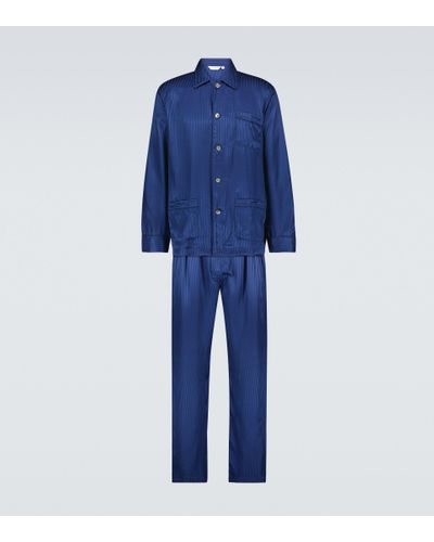 Derek Rose Gestreifter Pyjama Woburn aus Seide - Blau