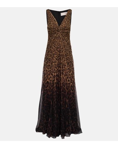 Valentino Robe longue en soie a motif leopard - Marron