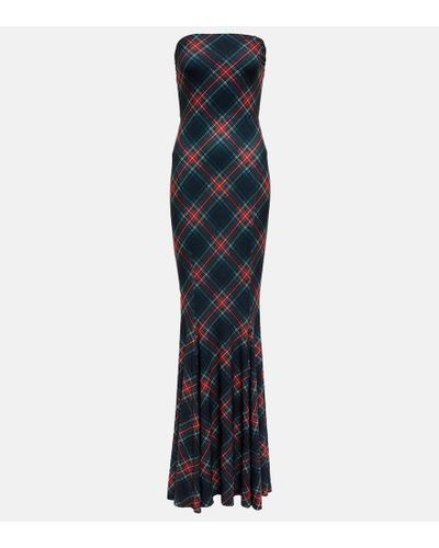 Norma Kamali Strapless Fishtail Checked Gown - Blue
