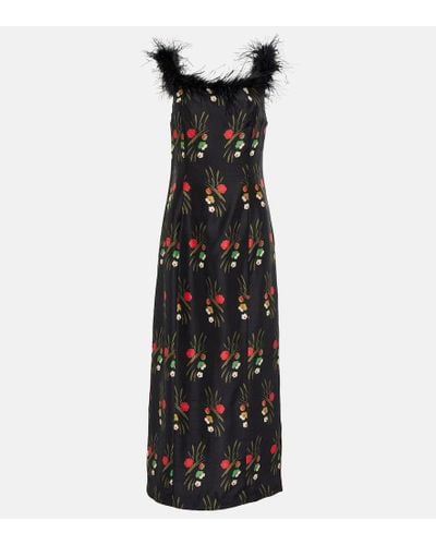 RIXO London Winslett Floral Feather-trimmed Midi Dress - Black