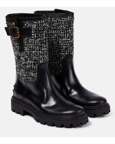 Tod's Leather And Tweed Boots - Black