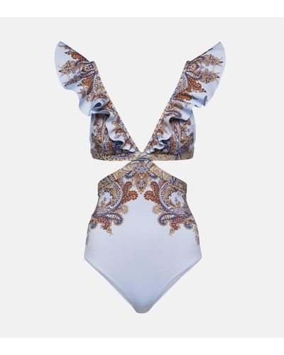 Zimmermann Ottie Ruffle Cutout Paisley Swimsuit - White