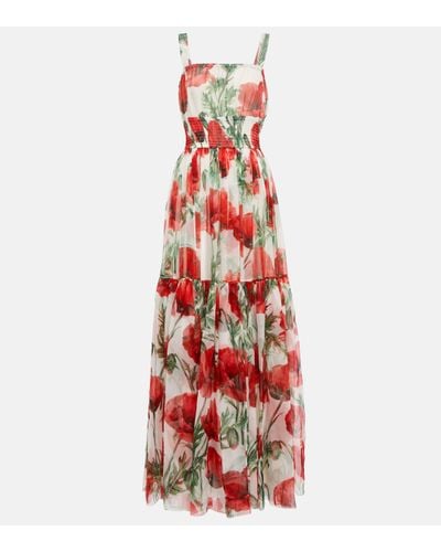 Dolce & Gabbana Robe longue en soie a fleurs - Rouge