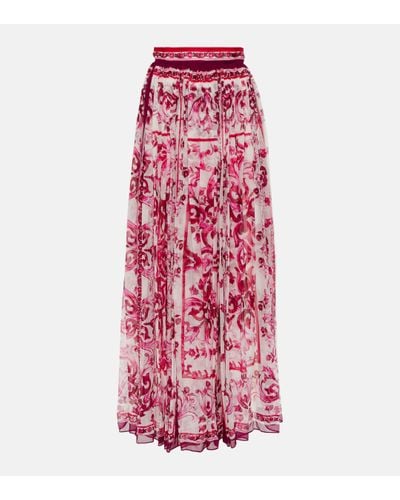 Dolce & Gabbana Jupe longue en mousseline à imprimé majoliques - Rouge