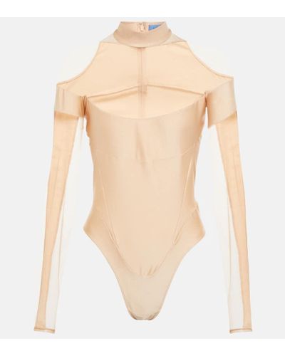 Mugler Mesh-paneled Mockneck Bodysuit - Natural