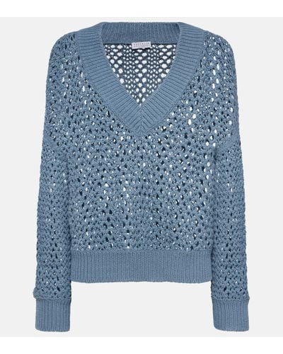 Brunello Cucinelli Open-knit Cotton-blend Jumper - Blue
