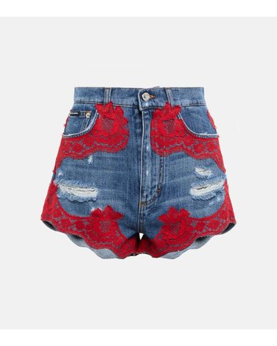 Dolce & Gabbana Shorts en denim de tiro alto con encaje - Rojo