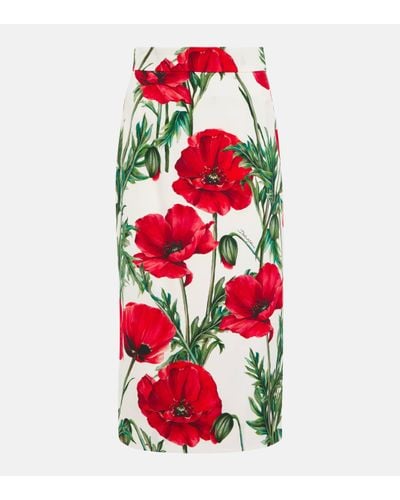 Dolce & Gabbana Poppy-print Charmeuse Midi Skirt - Red