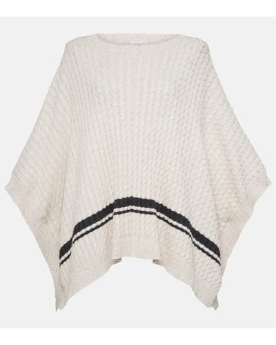 Brunello Cucinelli Sequined Cable-knit Cotton-blend Poncho - Natural