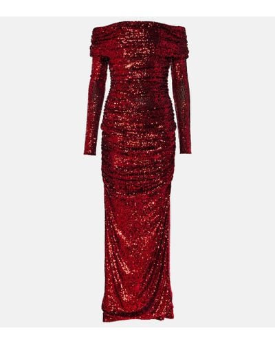 Dolce & Gabbana Sequined Off-shoulder Ruched Gown - Red
