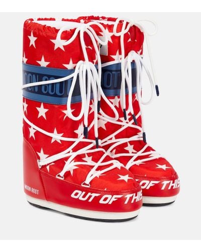 Moon Boot Icon Retrobiker White Stars Print Tall Boot - Red