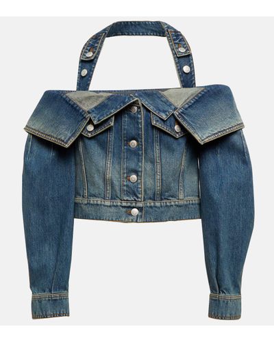Alexander McQueen Veste en jean a encolure bardot - Bleu