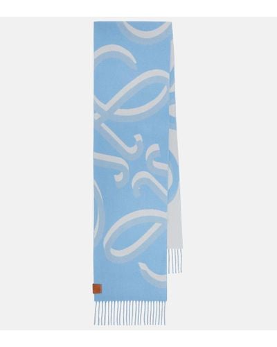 Loewe Fringed Leather-trimmed Printed Wool-blend Scarf - Blue