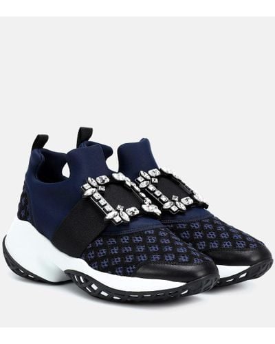 Roger Vivier Viv' Run Strass-embellished Scuba And Leather Sneakers - Blue