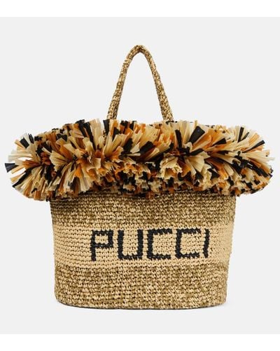 Emilio Pucci Borsa in rafia con frange e logo - Metallizzato