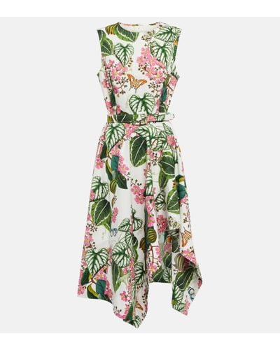 Oscar de la Renta Floral Asymmetric Cotton-blend Midi Dress - Green