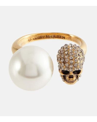 Alexander McQueen Anello Skull Effetto Perla In Oro Anticato - Metallizzato