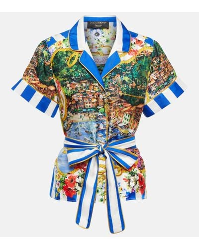 Dolce & Gabbana Portofino Printed Belted Silk Shirt - Blue