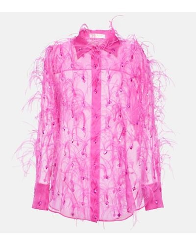 Valentino Camisa de organza de seda con plumas - Rosa