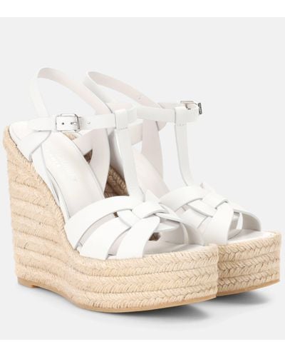 Saint Laurent Tribute Leather Espadrille Wedge Sandals - White