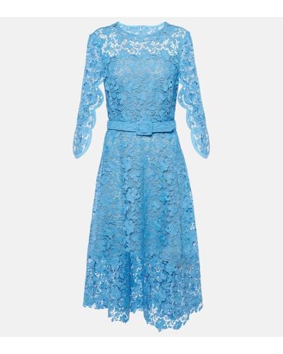 Oscar de la Renta Belted Lace Midi Dress - Blue