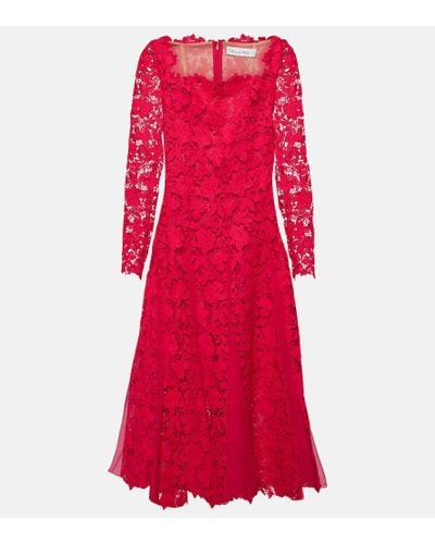 Oscar de la Renta Floral Guipure Lace Midi Dress - Red