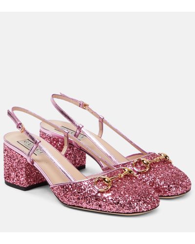 Gucci Lady Horsebit Glitter Slingback Court Shoes - Pink