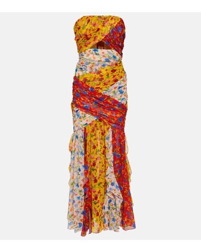 Carolina Herrera Strapless Ruched Cutout Floral-print Georgette Midi Dress - Red