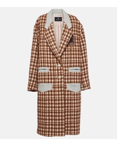 Etro Embroidered Houndstooth Wool-blend Coat - Brown