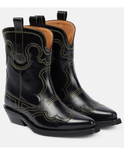 Ganni Leather Cowboy Boots - Black