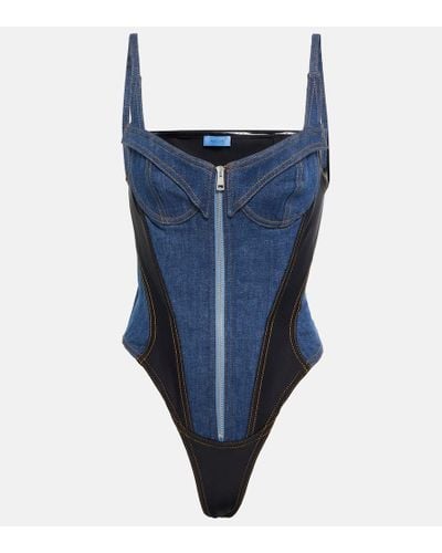 Mugler Paneled Denim Bodysuit - Blue