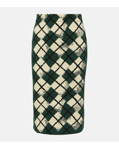 Burberry Checked Cotton Midi Skirt - Green