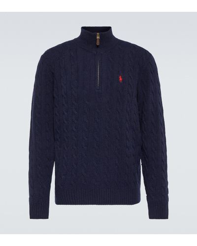 Polo Ralph Lauren Cable-knit Wool And Cashmere Half-zip Jumper - Blue