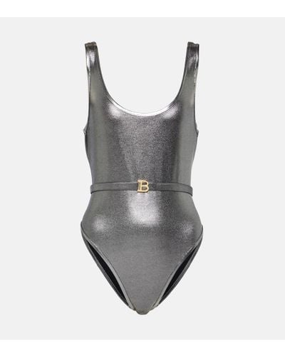 Balmain B Belted Metallic Swimsuit - Gray